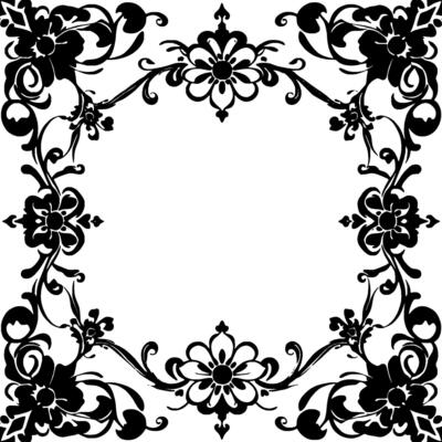ornate black and white floral border with scrolling vines and flower motifs, perfect for framing text or images.