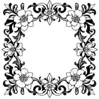 black and white floral border with a square center, featuring detailed blossoms and stylized leaves, creating an elegant frame. vector