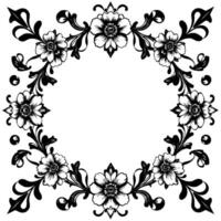 elegant black and white floral frame with ornate scrollwork and detailed flower illustrations, centered white space vector
