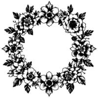 a monochrome floral wreath composed of stylized peonylike flowers, leaves, and stems, arranged in a circular pattern with a white background. vector