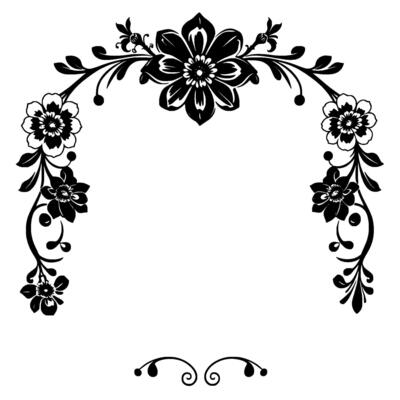 elegant black and white floral archway , symmetrical with large central flower, decorative vines, and a touch of whimsy for framing or embellishment.