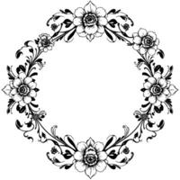 intricate black and white floral wreath with detailed flowers, vines, and decorative elements, creating an elegant circular frame. vector
