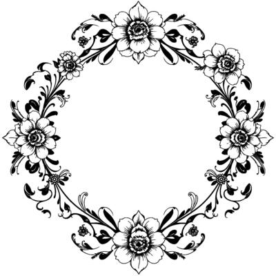 intricate black and white floral wreath with detailed flowers, vines, and decorative elements, creating an elegant circular frame.