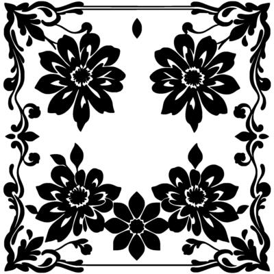 symmetrical black floral pattern on white, featuring large blooms, ornamental borders, and a decorative, classic .