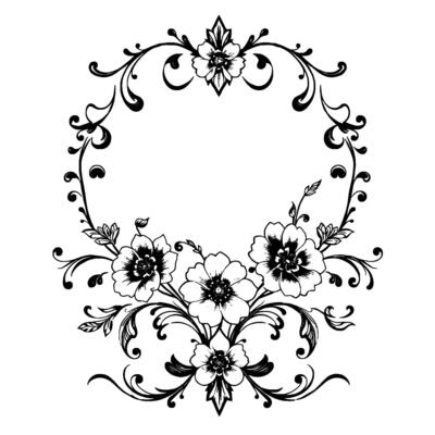 intricate black and white floral illustration, ornamental wreath frame with detailed bloom and swirling vines.