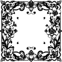 ornate floral square frame border in black and white, featuring detailed flower and scroll elements, isolated on white. vector