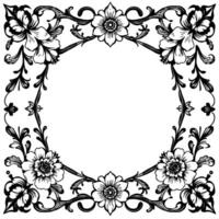 intricate black and white floral frame with detailed petals, leaves, vines, and decorative swirls, forming a circular border vector