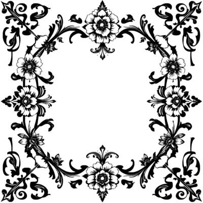 an ornate symmetrical floral frame in black and white, featuring stylized flowers, vines, and decorative elements.