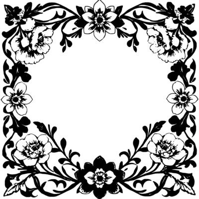 elegant floral frame black and white floral with ornate vines and blossoms, creating a symmetrical border.