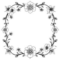 intricate black and white floral wreath illustration handdrawn botanical frame with detailed petals and leaves, creating a delicate, elegant border, perfect for invitation, greeting, or card. vector
