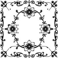 symmetrical floral with stylized flowers and ornate, swirling borders, creating an elegant black and white pattern for decoration or tile . vector