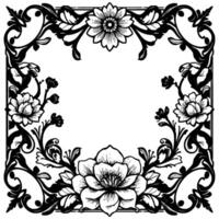 intricate black and white floral frame featuring detailed bloom illustrations and ornate scrollwork border with a clean center. vector