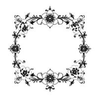 ornate black and white floral frame intricate botanical border with detailed petals, leaves, and scrollwork, centering a negative space for text or . vector
