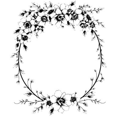 elegant black and white floral wreath, handdrawn style, decorative border, frame for invitations, greeting cards, or artistic elements.