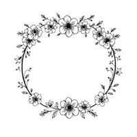 intricate black and white floral wreath handdrawn botanical circle frame with detailed flowers and delicate leaves, perfect for invitations or decorative elements. vector