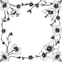 intricate black and white floral border , featuring various blossoms and vines, enclosing empty space. vector