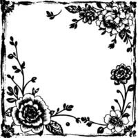 black and white floral frame with rustic border artistic roses and leafy elements on blank white background. vector