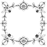 intricate black and white floral frame featuring detailed line art of diverse flower types, arranged in a symmetrical border with leaves. vector