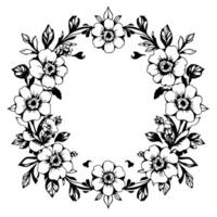 intricate black and white floral wreath delicate botanical illustration featuring stylized flowers, leaves, and vines arranged in a symmetrical circular frame, with a clean white background. vector