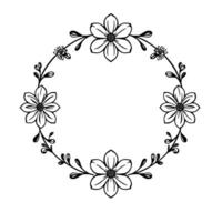 elegant monochrome floral wreath illustration with stylized large and small flowers, leaves, and circular frame, perfect for invitations and elements. vector