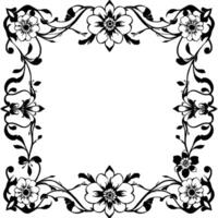 elegant black and white floral frame with blooming flowers, vines, and leaves, creating a border with a blank center. vector