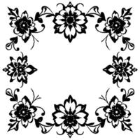 elegant floral frame in black and white, featuring detailed flower motifs and swirls, arranged in a symmetrical border. vector