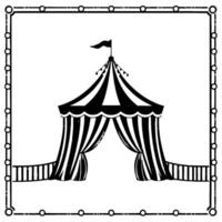 black and white circus tent with flag and string lights in a decorative border, vintage carnival illustration vector
