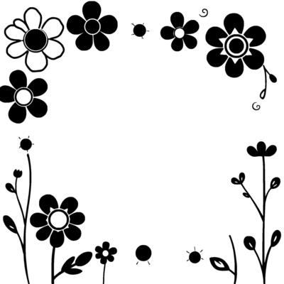 black and white floral frame with various flower styles and embellishments on a clean white background.