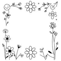handdrawn floral border with a smiling face in a corner, featuring daisylike flowers and delicate leaves, creating a cheerful, minimalist composition. vector