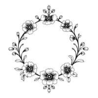 delicate floral wreath in black and white handdrawn, detailed blooms and buds, creating a circular decorative frame, ready for text or placement. vector