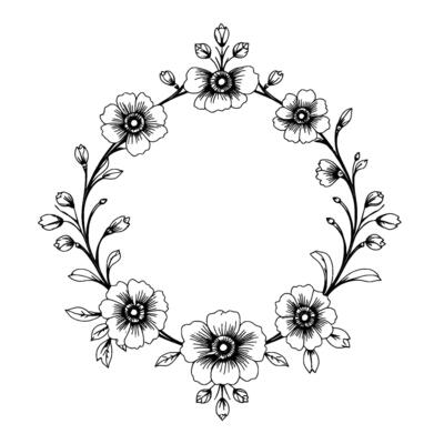 delicate floral wreath in black and white handdrawn, detailed blooms and buds, creating a circular decorative frame, ready for text or placement.