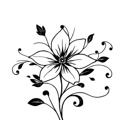 intricate black and white floral line art a detailed illustration of a single, stylized flower with leaves and delicate swirls.