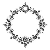 ornate black floral frame a detailed symmetrical botanical with a round empty space at the center. vector