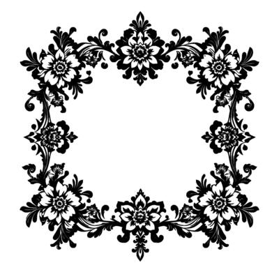 intricate black and white floral frame, ornamental border of detailed blossom and foliage, elegant decorative .