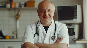 Portrait of confident male doctor with stethoscope smiling gently in a medical setting Professional trustworthy demeanor photo