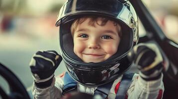 Enthusiastic young racer smiling in black helmet Eager eyes beaming with anticipation A champion in the making photo