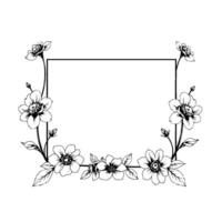 elegant black and white floral frame with an empty rectangular space, showcasing blooming flowers and delicate leaves on a minimalist white background, suitable for invitations and decorative a vector