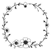intricate black and white floral wreath illustration, featuring detailed handdrawn botanical elements, creating a delicate and elegant circular frame for purposes. vector