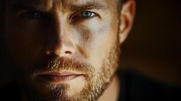 Intense portrait of a man with a beard showcasing striking eye contact and dramatic lighting creating a compelling and emotive visual photo