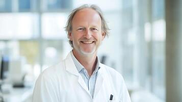 Smiling healthcare professional in lab coat A portrait of a confident doctor in a bright and modern medical environment photo