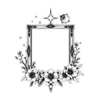 intricate black and white illustration ornate floral framed space scene with moon, stars and burst above a classical frame. vector