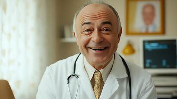 Friendly doctor smiling at camera wearing a white coat and stethoscope in his office creating a positive and welcoming atmosphere photo