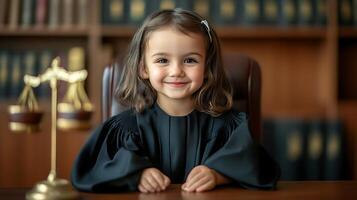 A smiling young girl is dressed as a judge with a robe in front of the scales of justice suggesting a playful and educational legal theme photo