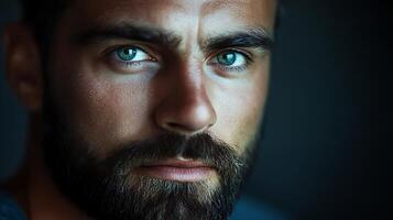 Intense portrait of a man with piercing blue eyes and a well-groomed beard capturing a sense of strength and focus in the eyes photo
