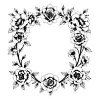 a detailed black and white floral frame with realistic roses, leaves, and branches in a symmetrical and artistic composition. vector