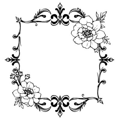 intricate black and white floral frame with detailed petals, leafy vines, and elegant ornaments for invitations.