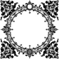 ornate, circular, black and white baroquestyle decorative frame with floral and scroll motifs and decorative elements. vector