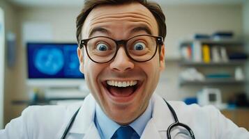 Excited doctor in lab coat with glasses showing a big smile with monitor and shelves in the background of hospital room photo