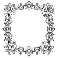detailed, symmetrical square floral frame with intricate black and white line art, featuring roses, daisies and elaborate scrollwork. vector