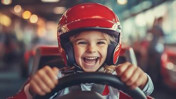 Enthusiastic child racer joyfully driving an indoor go-kart expressing pure excitement with a bright infectious smile and helmet photo